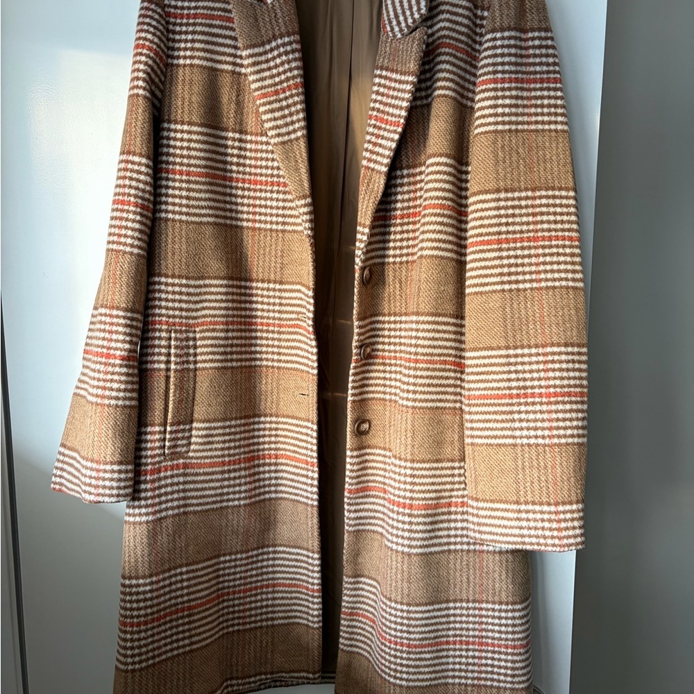 Evereve Brown and Tan Plaid Wool Blend Trench Coat